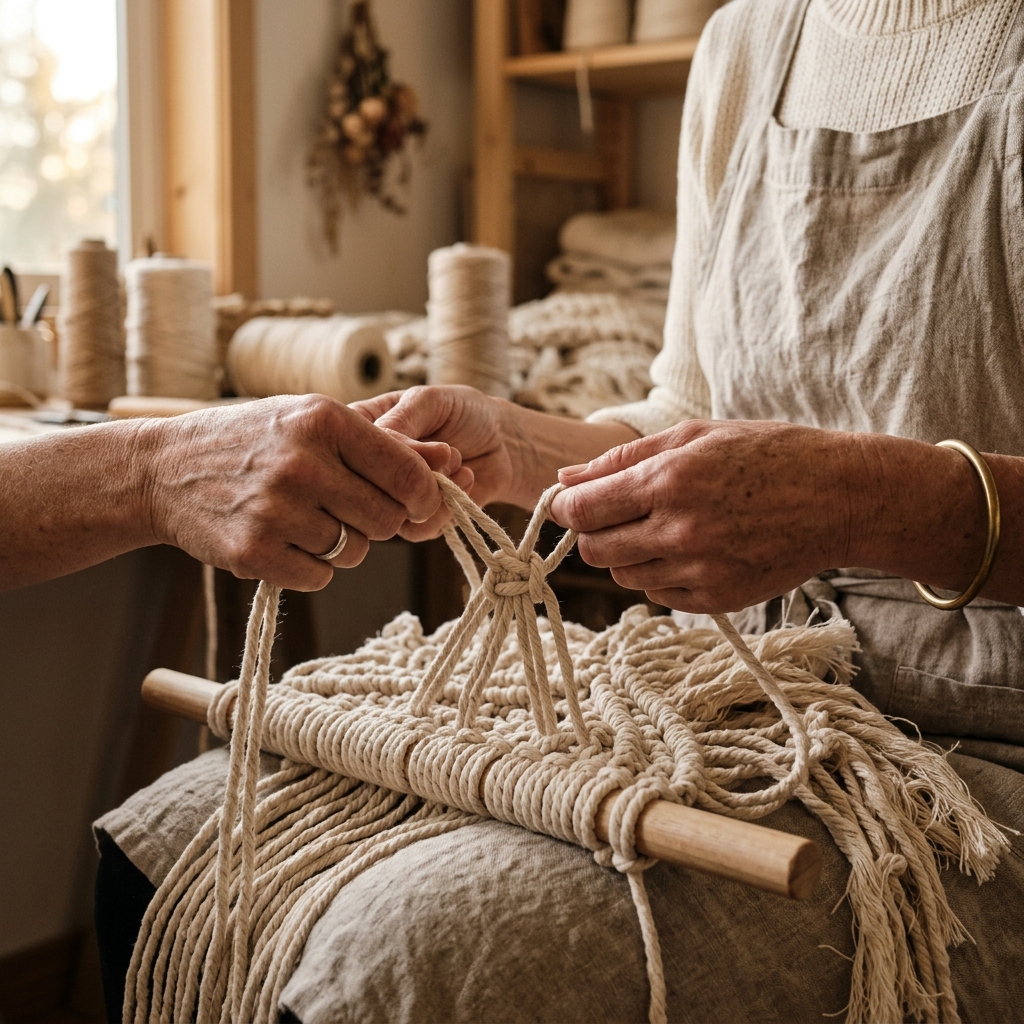 Detalhe de mãos artesãs tecendo crochê com fio natural de algodão cru